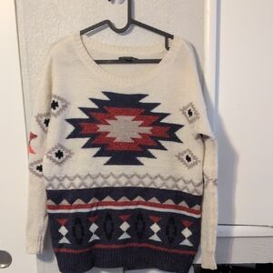 American Eagle Cream Aztec Knit Pullover Sweater with Red & Navy Pattern